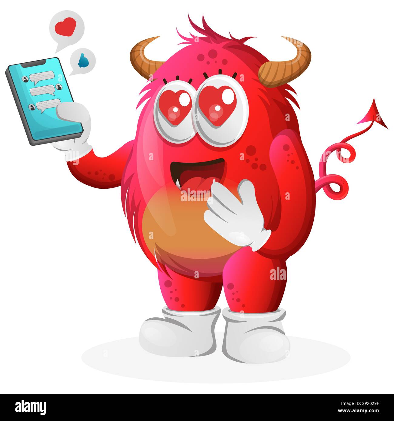 Cute red monster holding mobile phone with text messages. Perfect for kids, small business or e-Commerce, merchandise and sticker, banner promotion, b Stock Vector