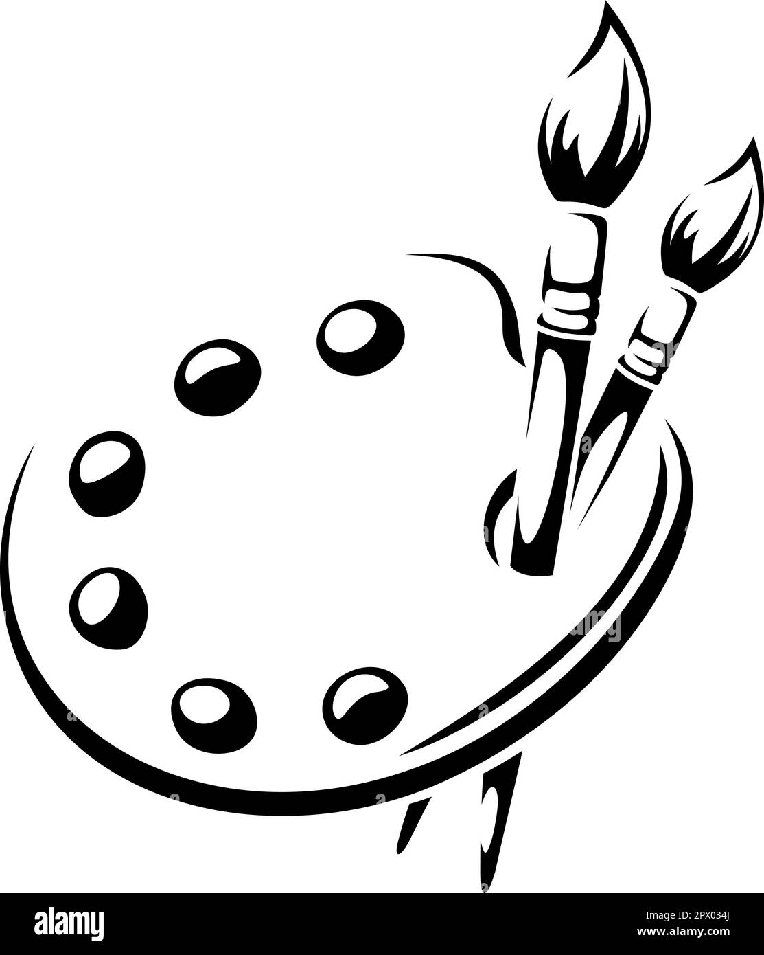 Art palette with paints and brushes. Vector black silhouette of