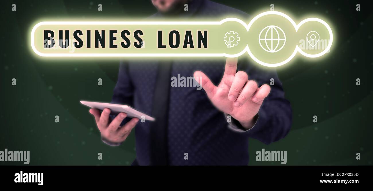 Text sign showing Business Loan, Conceptual photo Credit Mortgage Financial Assistance Cash Advances Debt Stock Photo