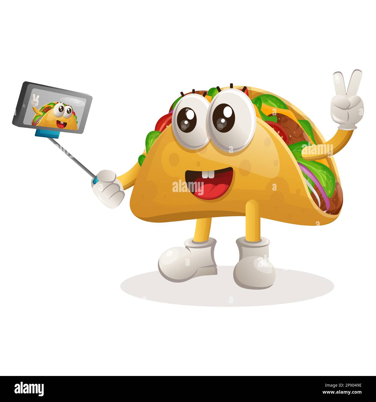 Cute taco mascot takes a selfie with smartphone. Perfect for food store, small business or e-Commerce, merchandise and sticker, banner promotion, food Stock Vector