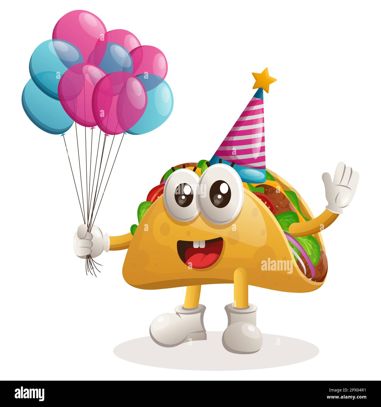 Cute taco mascot wearing a birthday hat, holding balloons. Perfect for food store, small business or e-Commerce, merchandise and sticker, banner promo Stock Vector