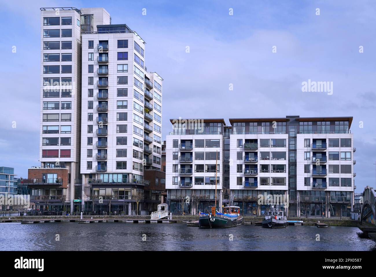 Row of modern apartment buildings in the Docklands area of Dublin along