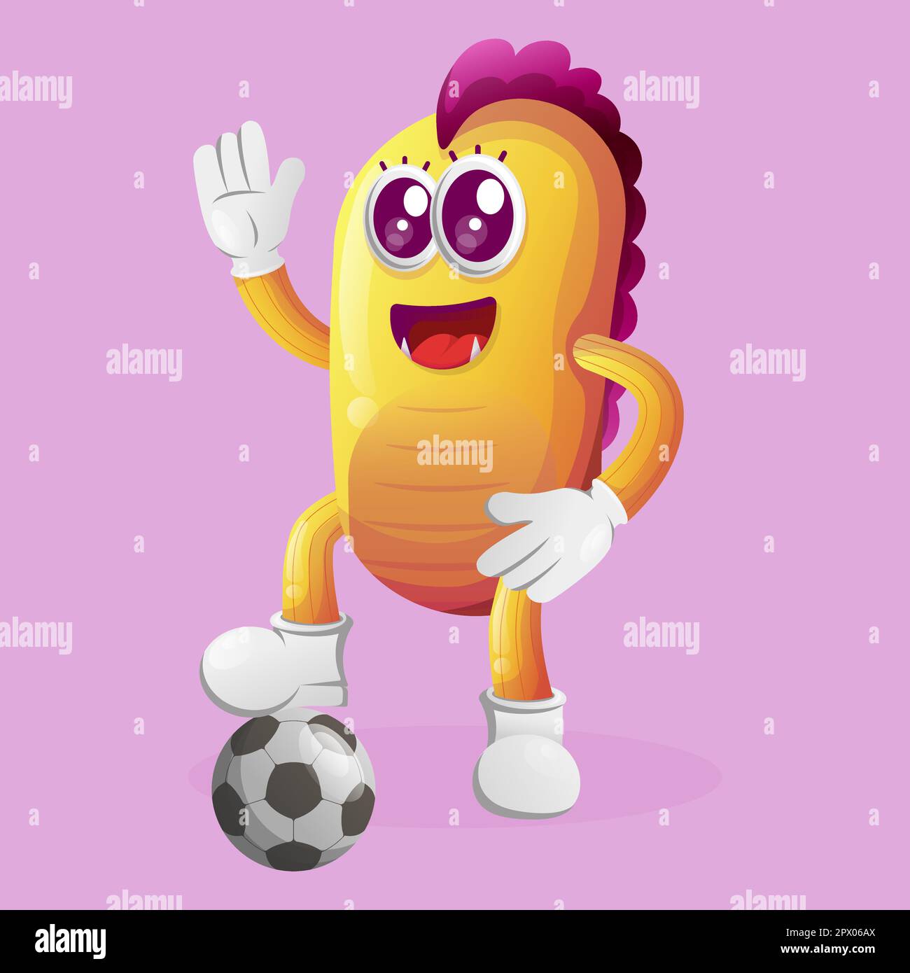Cute yellow monster play football, soccer ball. Perfect for kids, small business or e-Commerce, merchandise and sticker, banner promotion, blog or vlo Stock Vector