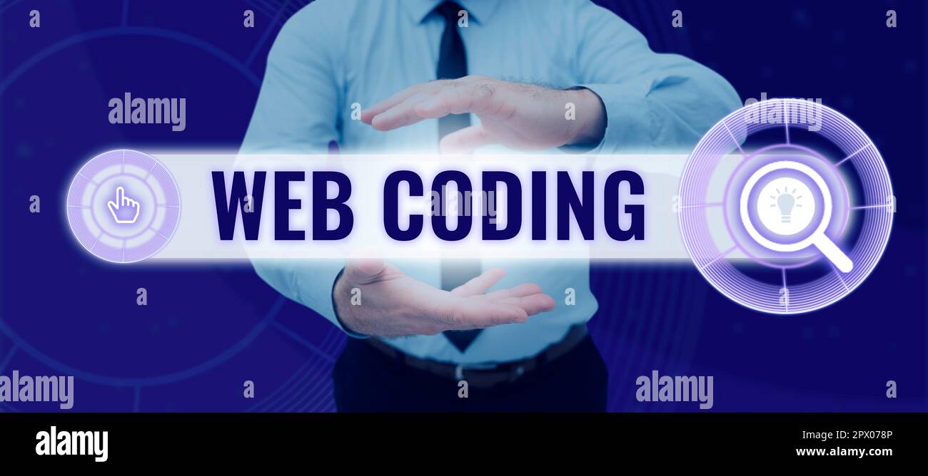 Text caption presenting Web Coding, Internet Concept work involved in developing a web site for the Internet Stock Photo