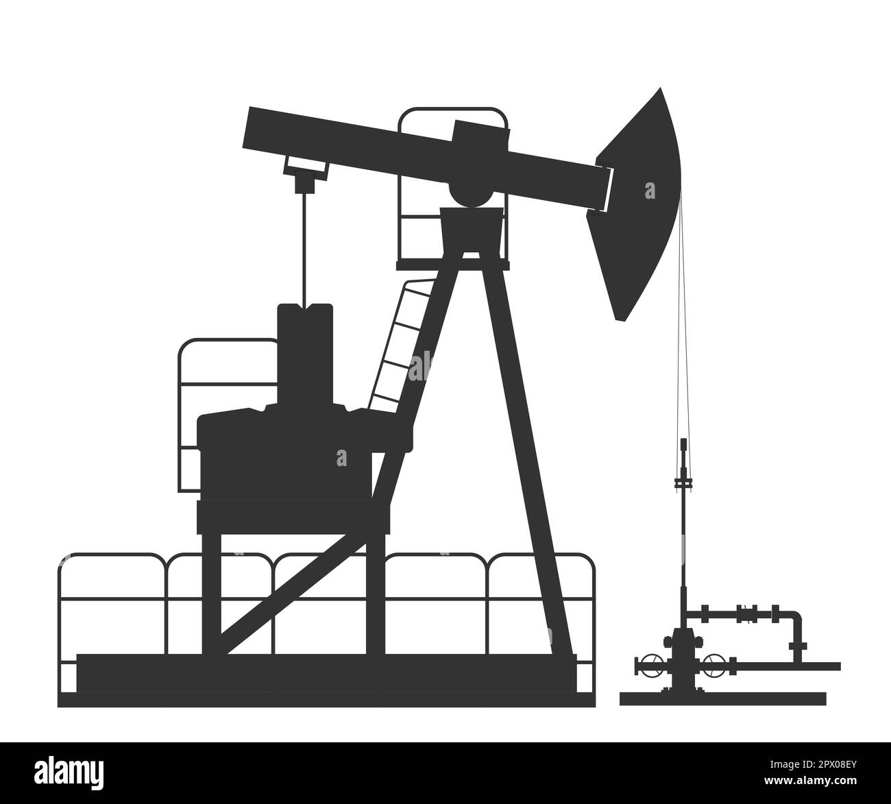 Oil derrick, pump jack. Petroleum producing. Vector black on white