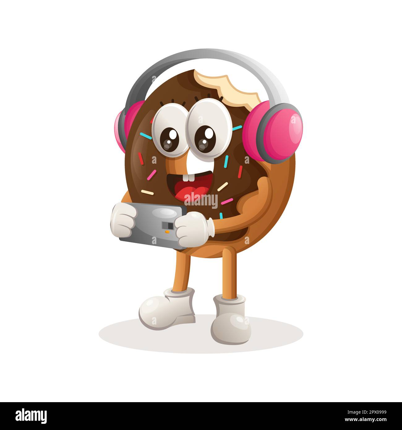 Cute donut mascot playing game mobile, wearing headphones. Perfect for food store, small business or e-Commerce, merchandise and sticker, banner promo Stock Vector