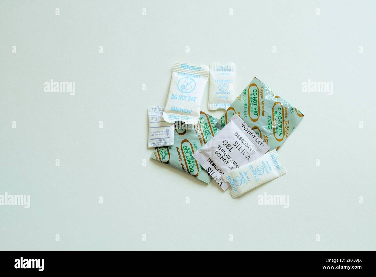 Assorted desiccant and humidity absorbing packets used in products that