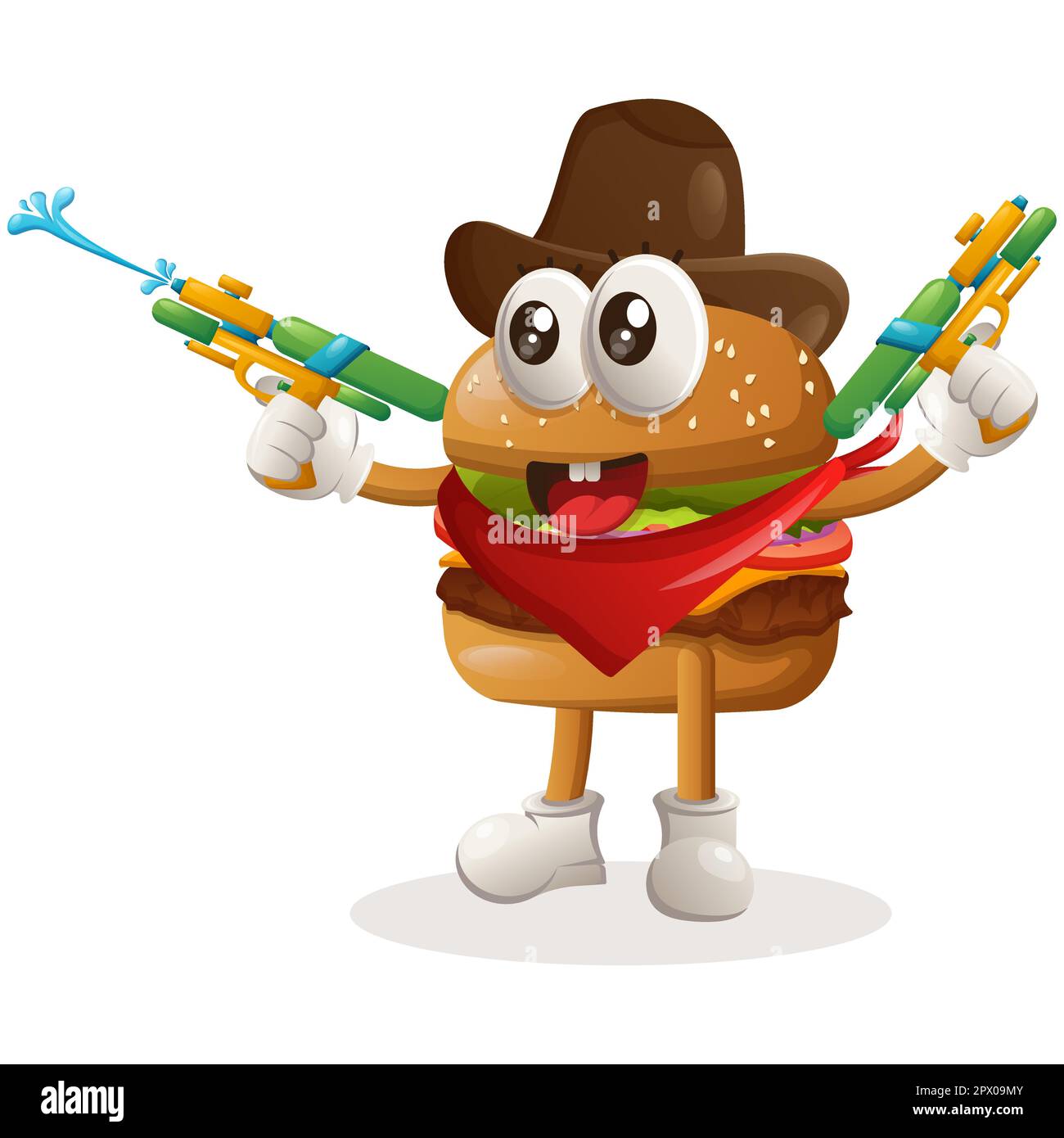 Cute burger mascot design playing with water gun toy, wearing cowboy