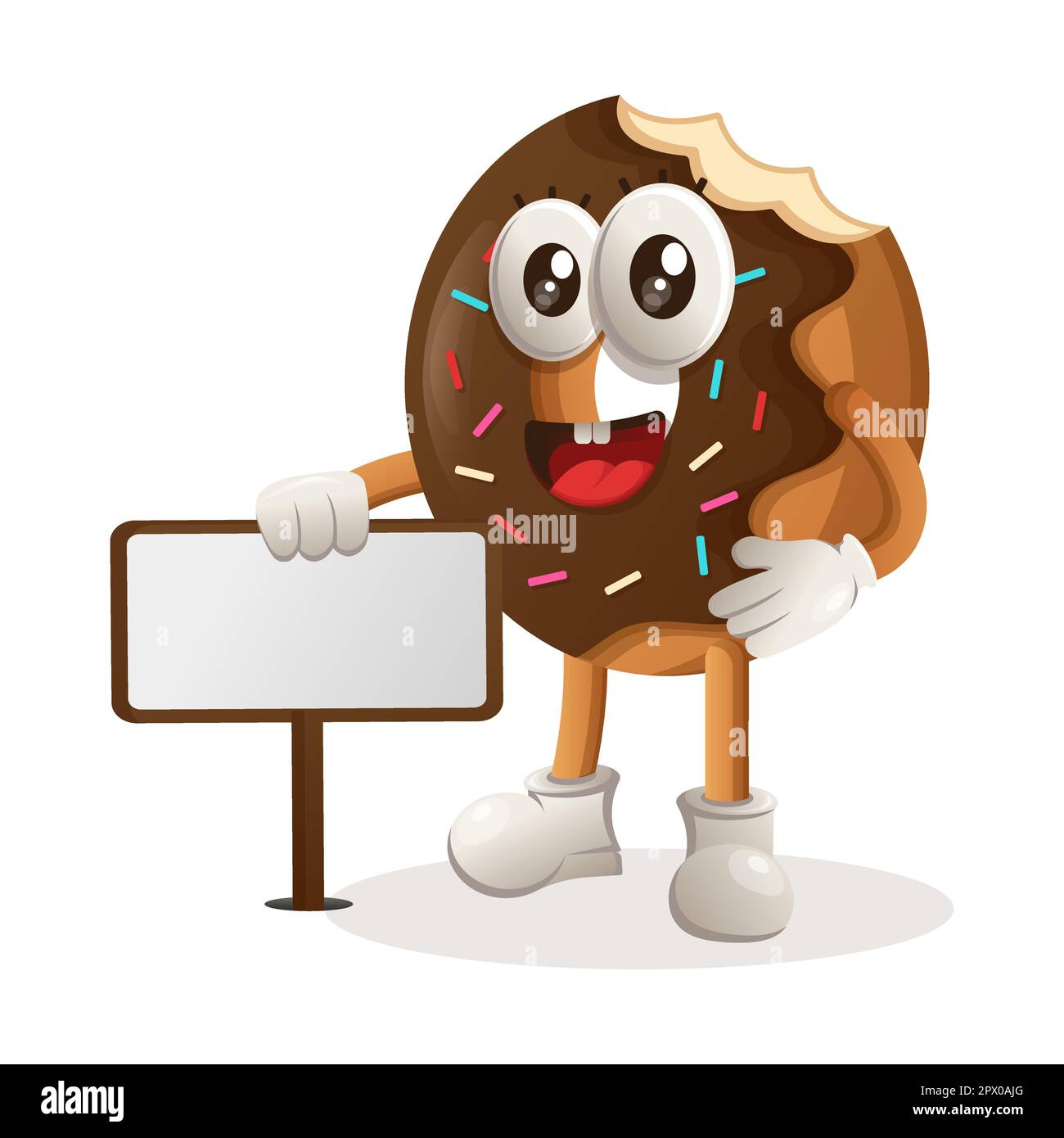 Cute donut mascot standing next to a billboard. Perfect for food store, small business or e-Commerce, merchandise and sticker, banner promotion, food Stock Vector