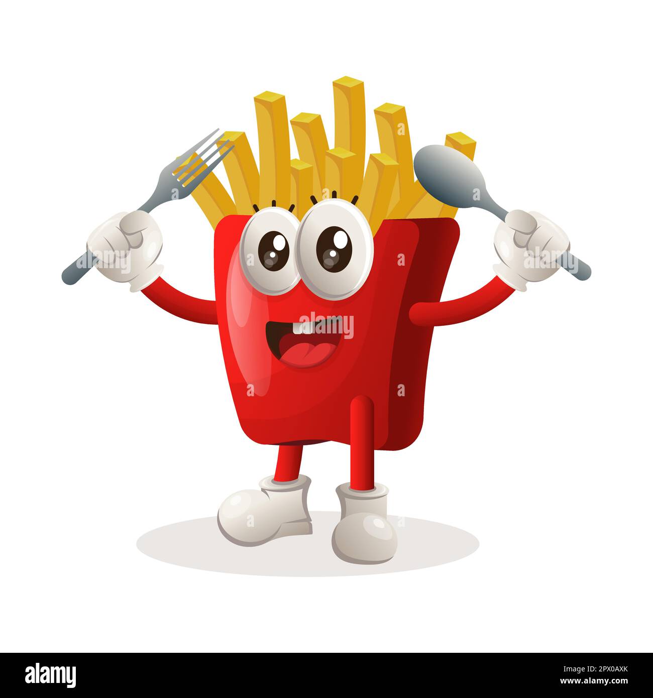 Cute french fries mascot holding spoon and fork. Perfect for food store