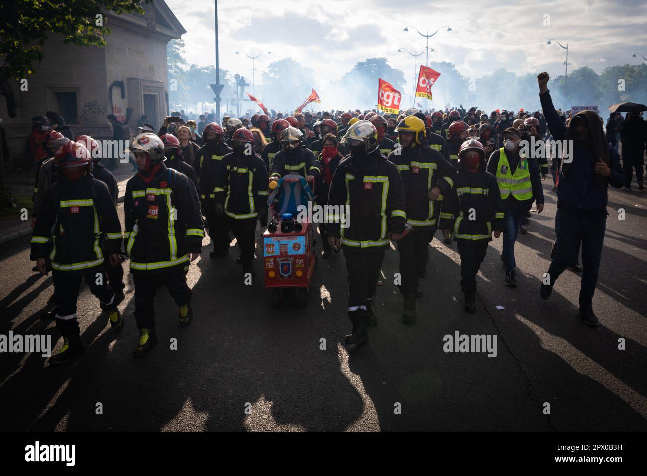 Paris, France. 01st May, 2023. Paris, FR 01 May, 2023.The fire brigade join the rally. Thousands turn out for the May Day Rallies. Protests have been seen since Emmanuel Macron introduced the pension reform, which increases the age for retirement from 62 to 64. Historically the 1st of May marks International Labor Day which commemorates labourers and the working class. Credit: Andy Barton/Alamy Live News Stock Photo