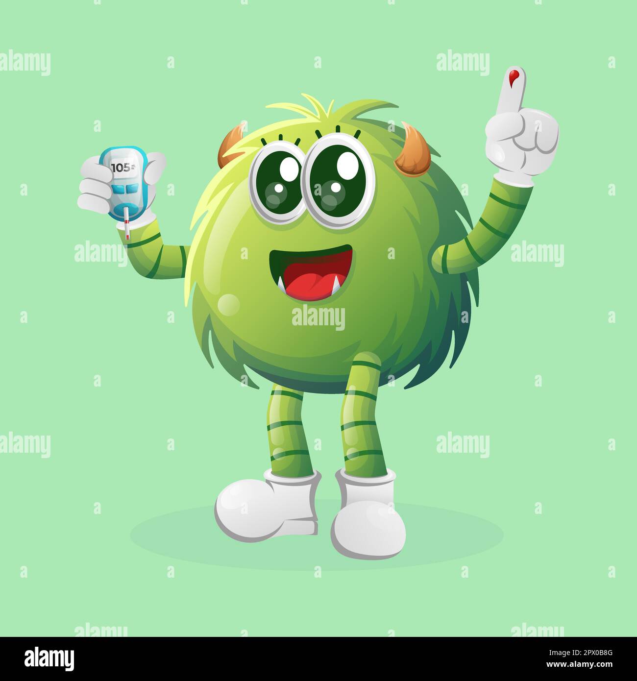 Cute green monster holding a blood glucose meter. Perfect for kids, small business or e-Commerce, merchandise and sticker, banner promotion, blog or v Stock Vector