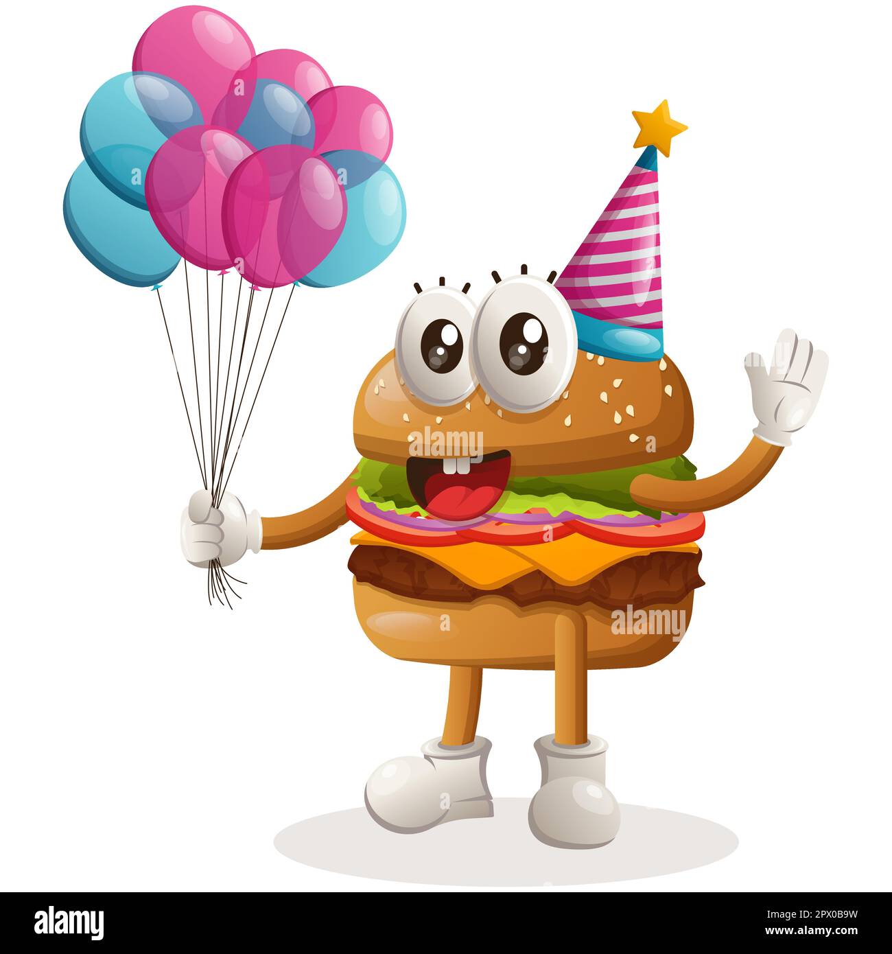 Cute burger mascot design wearing a birthday hat, holding balloons. Burger cartoon mascot