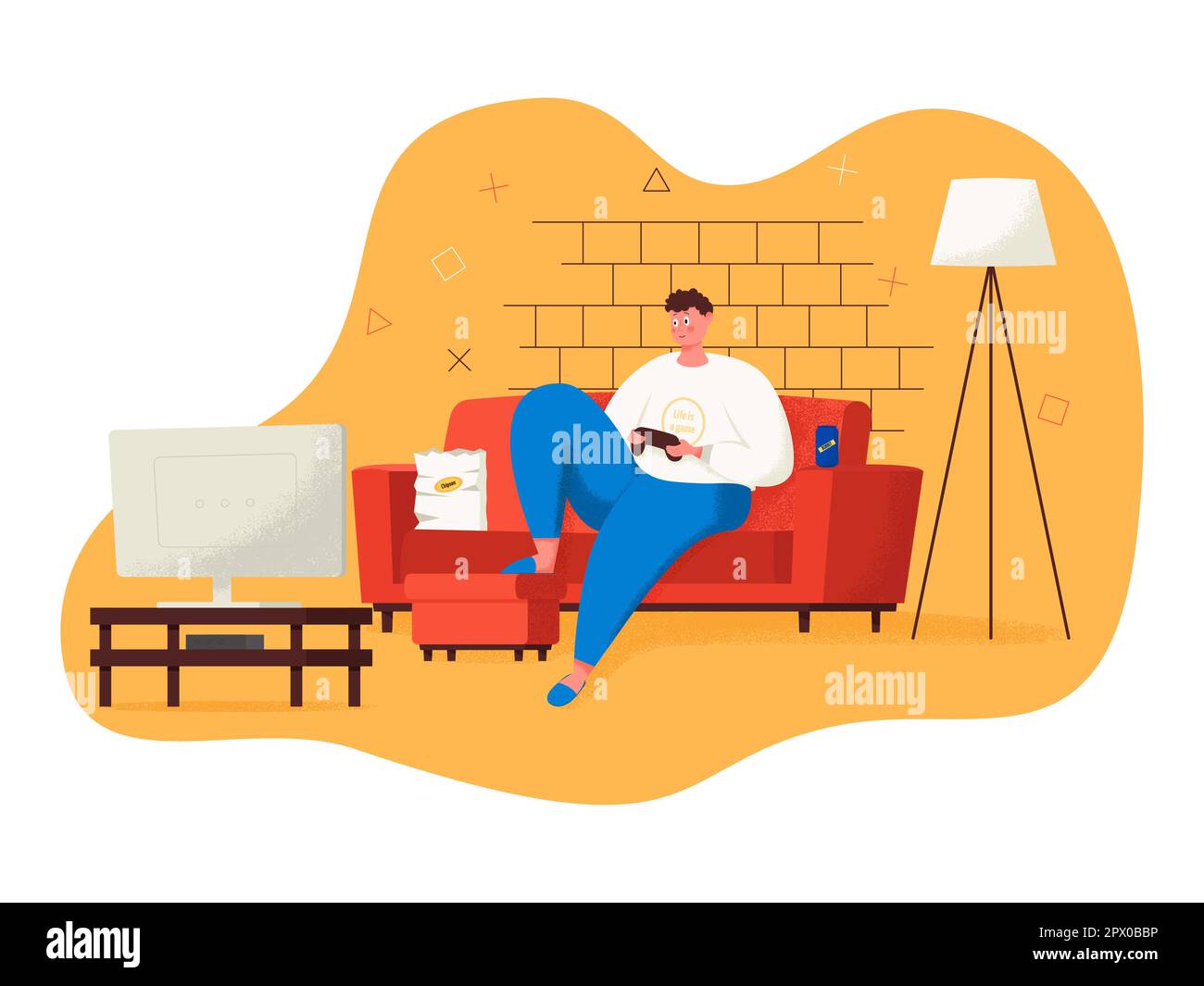 Gamer character playing in console video game. Game concept. Man having a good time. Video gamer. Stock Vector