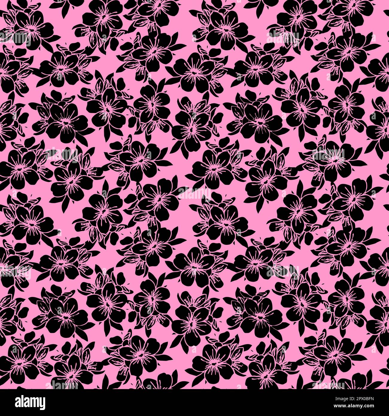 seamless floral pattern of black contour flowers on a pink background ...