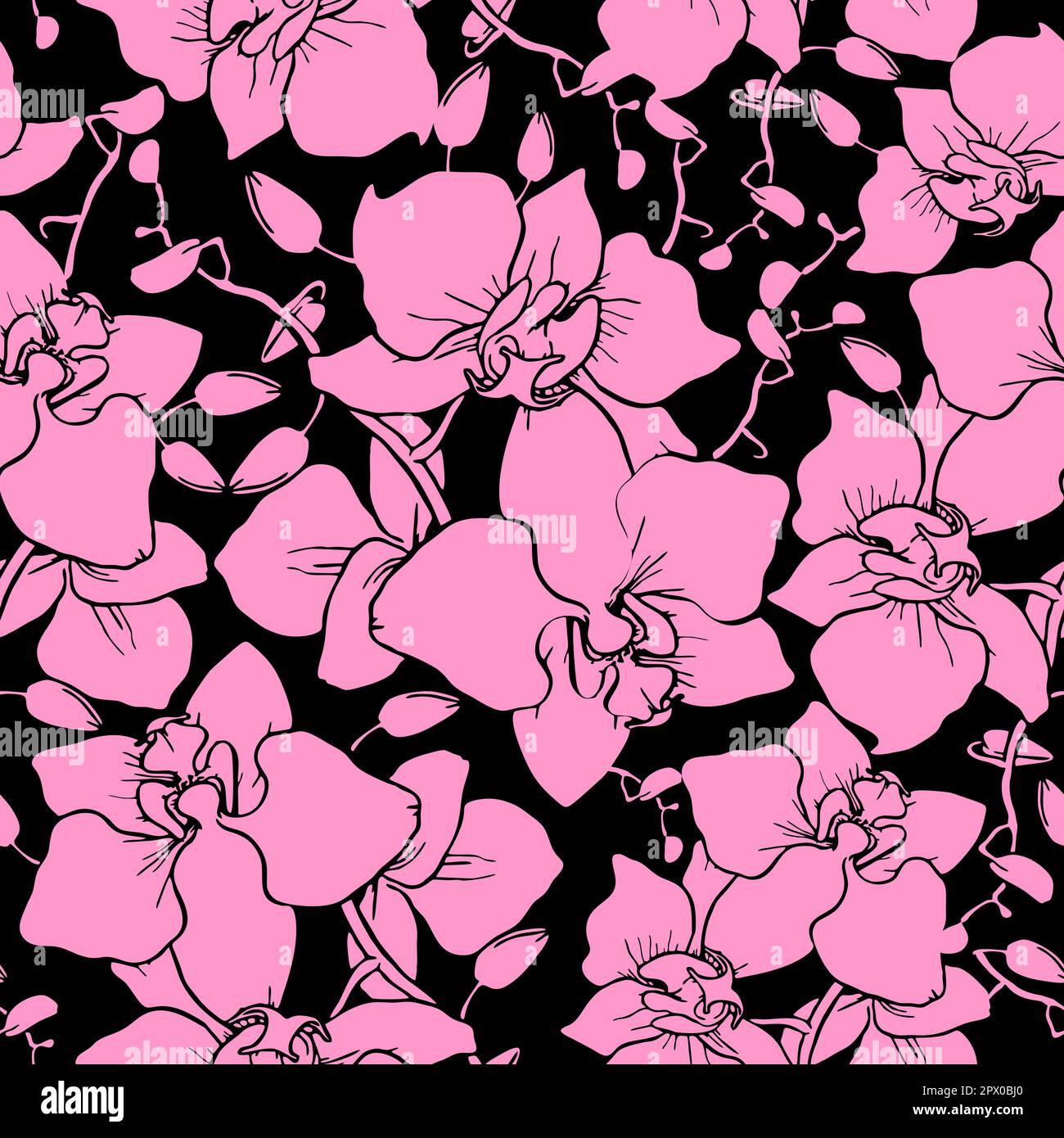 seamless pattern of large pink silhouettes of orchids on a black ...