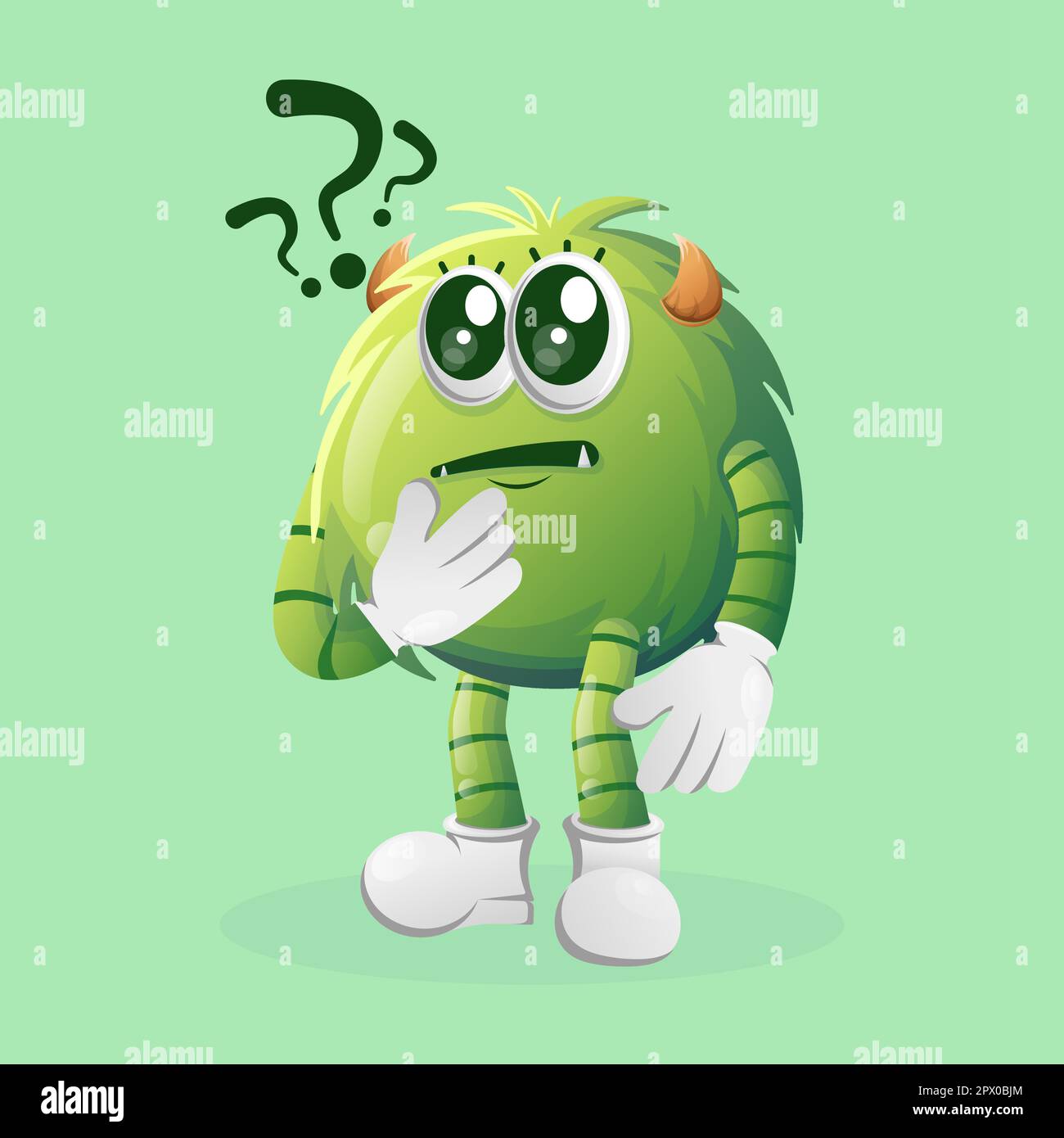 Cute green monster asking questions. Perfect for kids, small business or e-Commerce, merchandise and sticker, banner promotion, blog or vlog channel Stock Vector