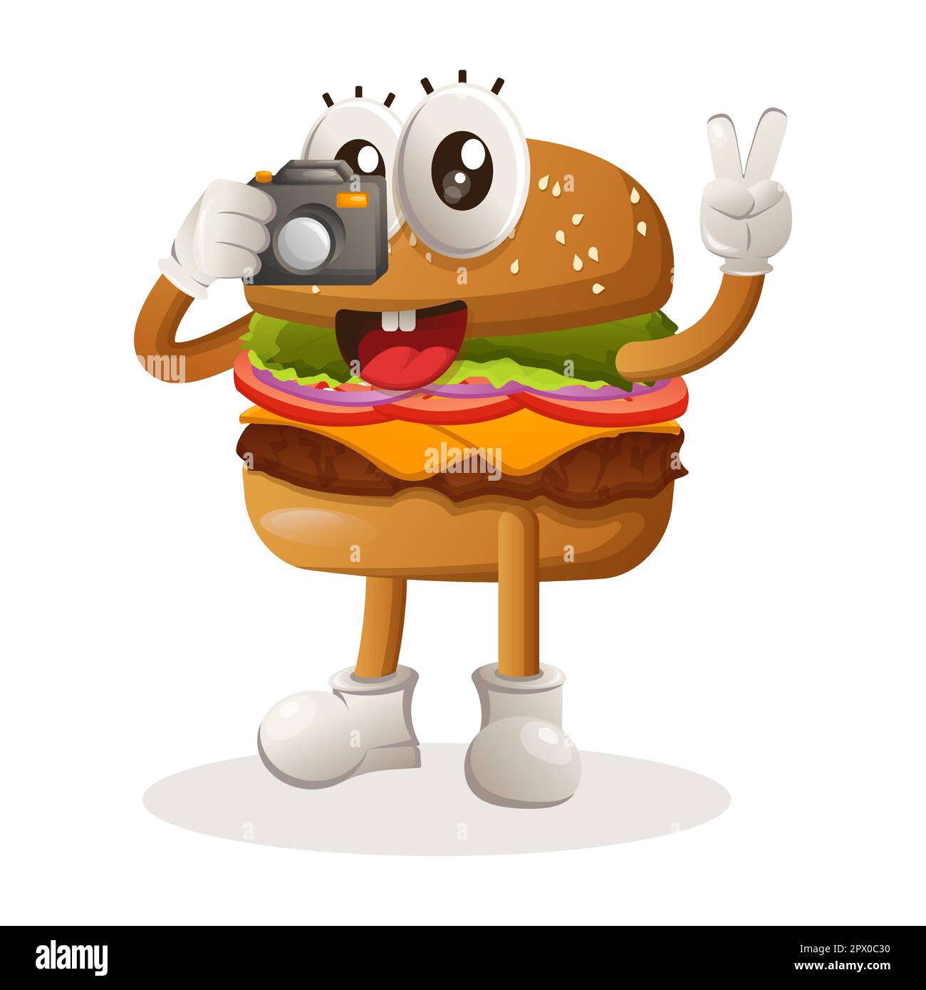 Cute burger taking photo with camera. Perfect for food store, small