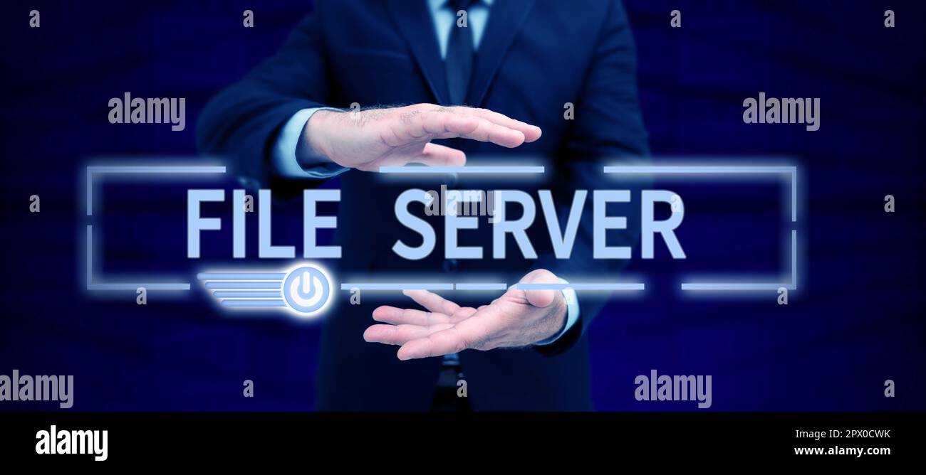 Sign displaying File Server, Business overview device which controls access to separately stored data Stock Photo