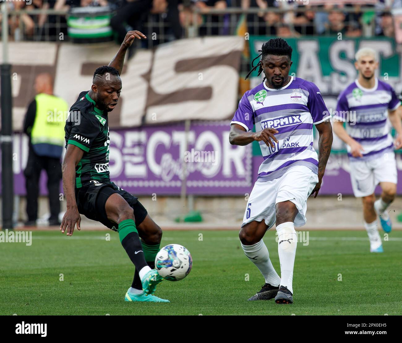 Amer Gojak of Ferencvarosi TC tries to control the ball in front