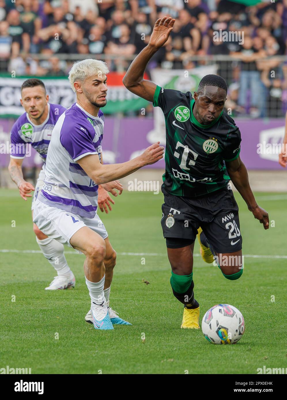 Budapest, Hungary. 31st August, 2023. Adama Traore of Ferencvarosi TC  controls the ball during the UEFA Europa Conference League Play Off Round  Second Leg match between Ferencvarosi TC and FK Zalgiris Vilnius