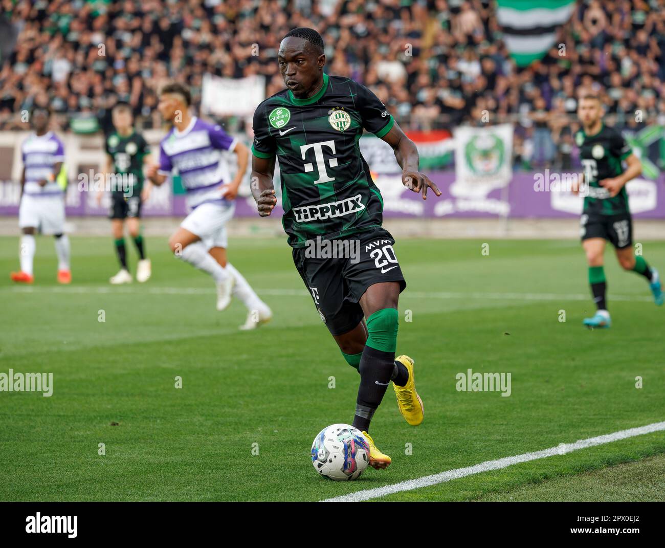 BUDAPEST, HUNGARY - AUGUST 9: Adama Traore of Ferencvarosi TC controls the  ball during the UEFA Champions League Qualifying Round match between Ferencvarosi  TC and Qarabag FK at Ferencvaros Stadium on August