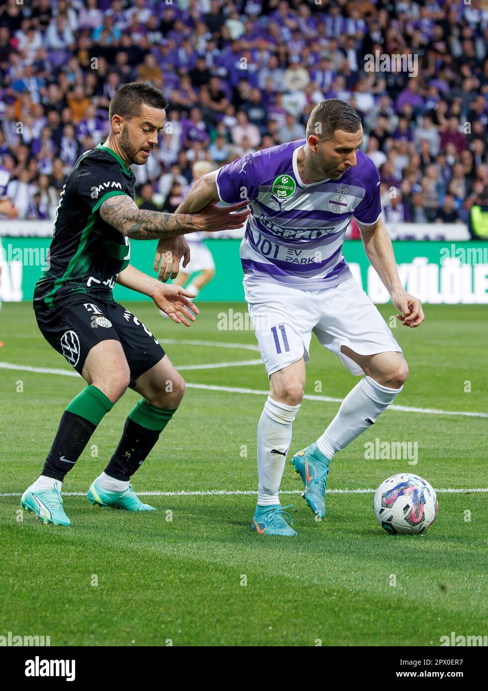 BUDAPEST, HUNGARY - MAY 12: (r-l) Leandro De Almeida 'Leo' of Ferencvarosi  TC celebrates the goal with Roland Varga of Ferencvarosi TC during the  Hungarian OTP Bank Liga match between Ferencvarosi TC