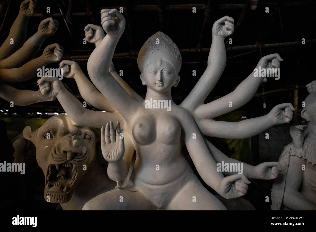 A clay Durga statue under construction in Varanasi, India Stock Photo