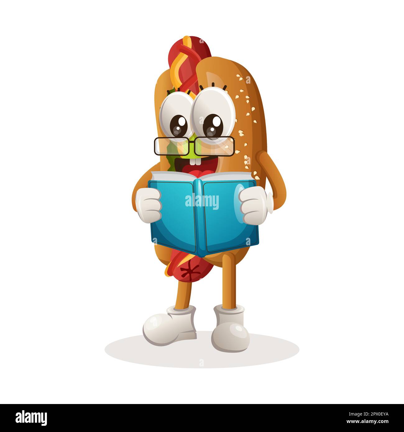 Cute hotdog mascot reading a book. Perfect for food store, small business or e-Commerce, merchandise and sticker, banner promotion, food review blog o Stock Vector