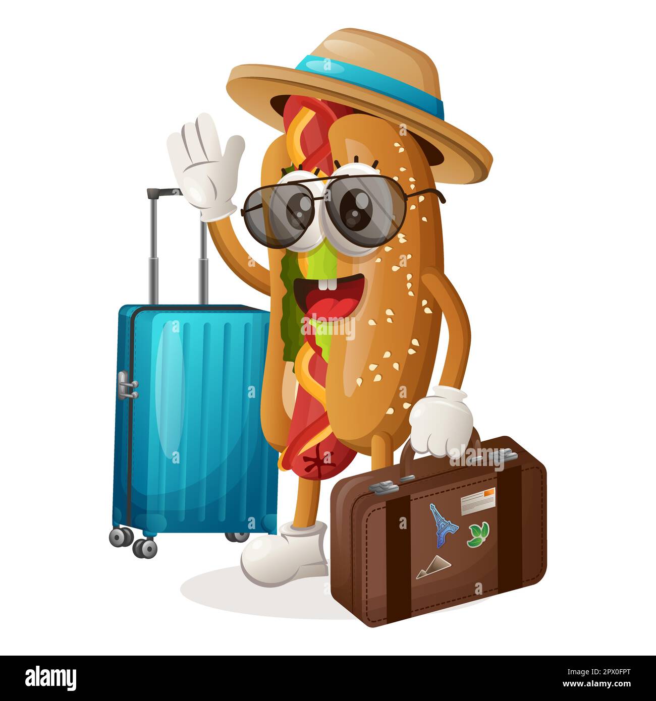 Cute hotdog mascot on vacation carrying a suitcase. Perfect for food store, small business or e-Commerce, merchandise and sticker, banner promotion, f Stock Vector