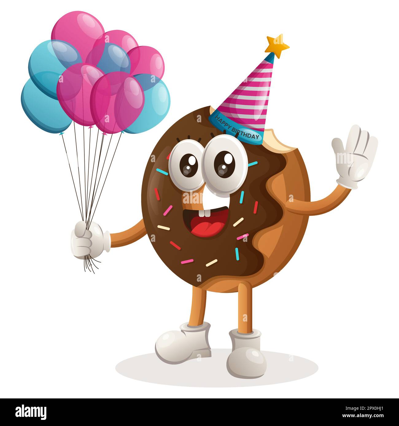 Cute donut mascot wearing a birthday hat, holding balloons. Perfect for food store, small business or e-Commerce, merchandise and sticker, banner prom Stock Vector