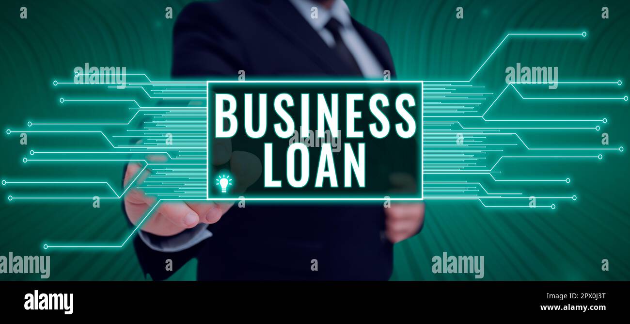 Hand writing sign Business Loan, Business concept Credit Mortgage Financial Assistance Cash Advances Debt Stock Photo