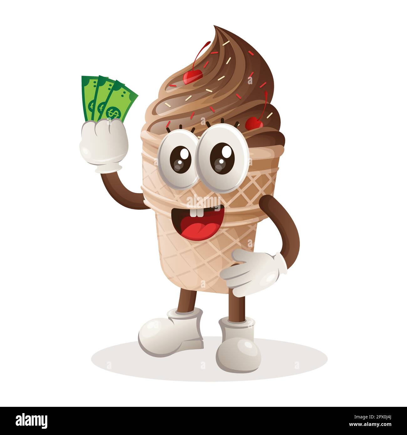 Cute ice cream mascot holding money. Perfect for food store, small