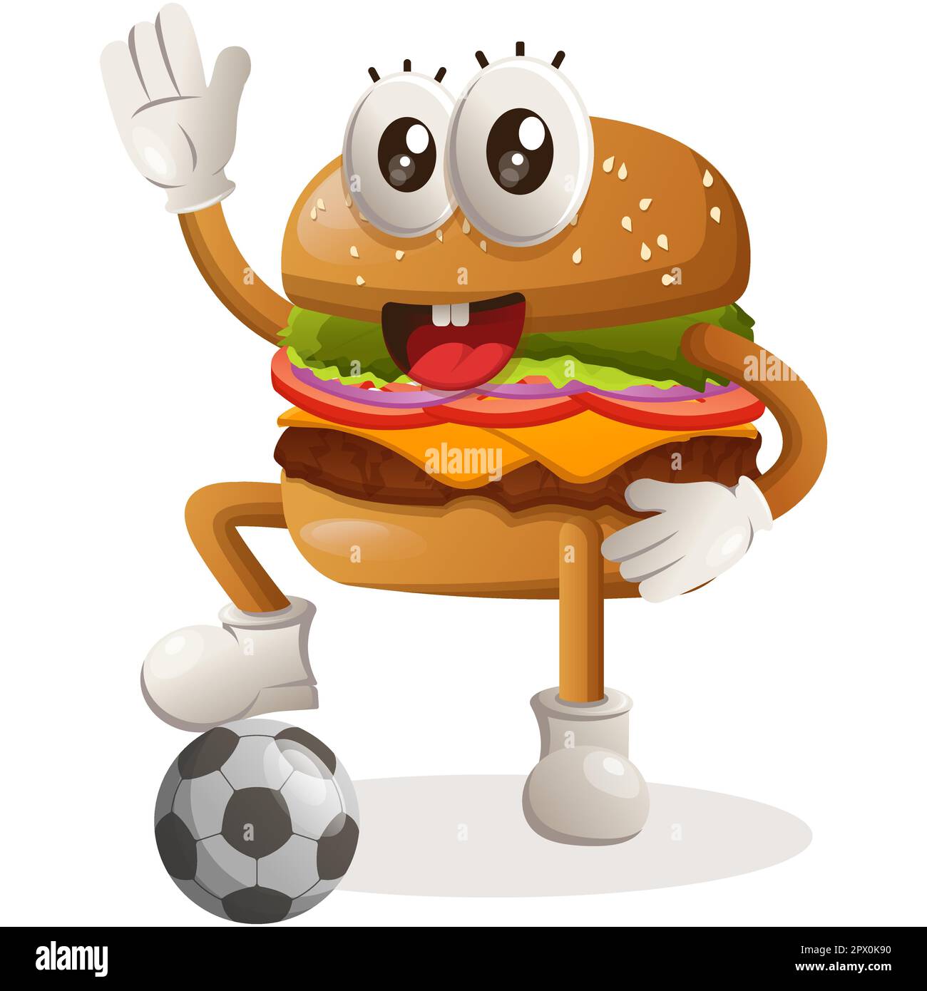 Cute burger mascot design play football, soccer ball. Burger cartoon