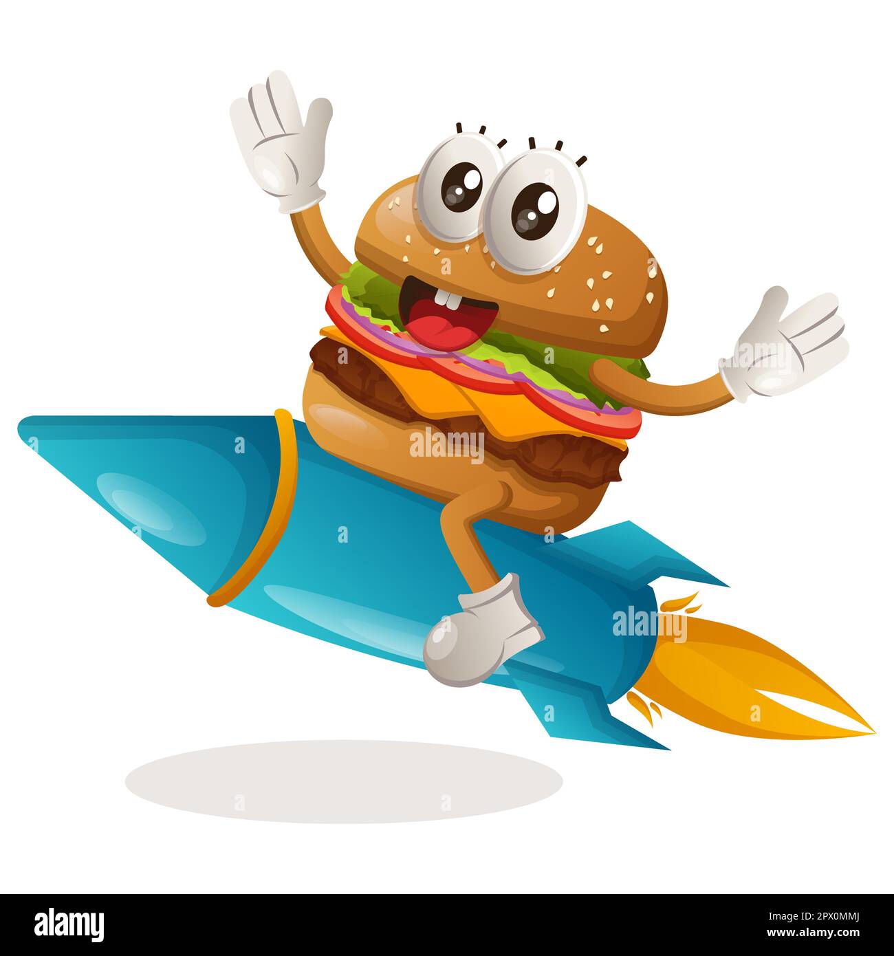 Cute burger flying on rocket. Perfect for food store, small business or