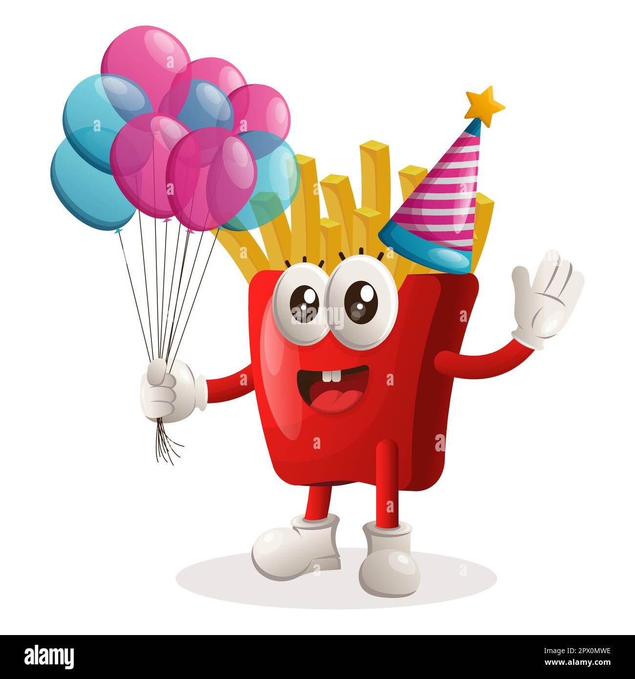 Cute french fries mascot wearing a birthday hat, holding balloons. Perfect for food store, small business or e-Commerce, merchandise and sticker, bann Stock Vector