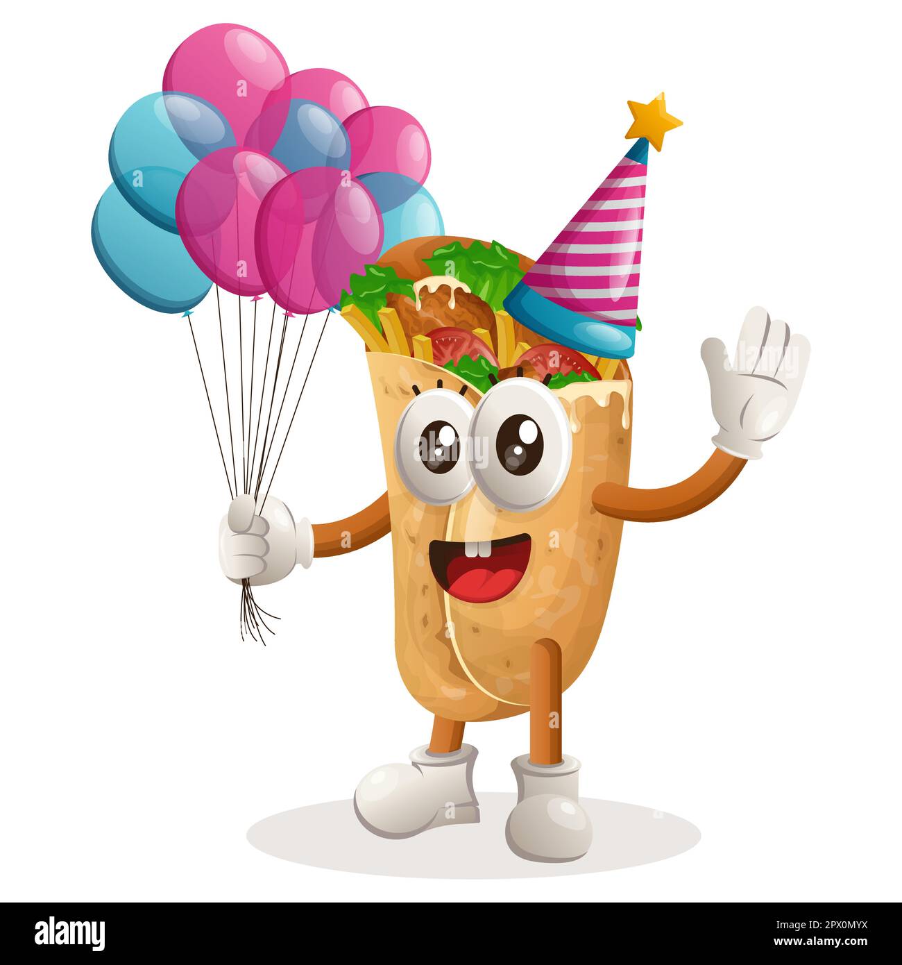 Cute burrito mascot wearing a birthday hat, holding balloons. Perfect for food store, small business or e-Commerce, merchandise and sticker, banner pr Stock Vector