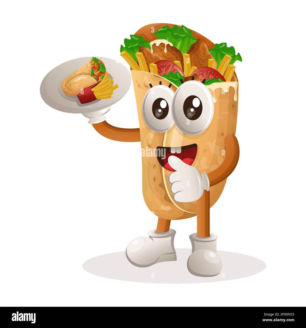 Cute burrito mascot serving desserts, waiters. Perfect for food store, small business or e-Commerce, merchandise and sticker, banner promotion, food r Stock Vector