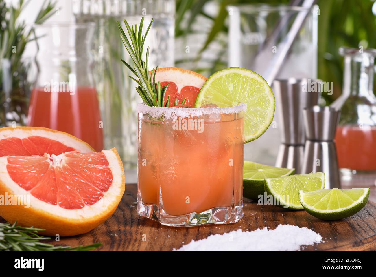 Cocktail Pink Paloma, prepared from the juice of freshly squeezed red