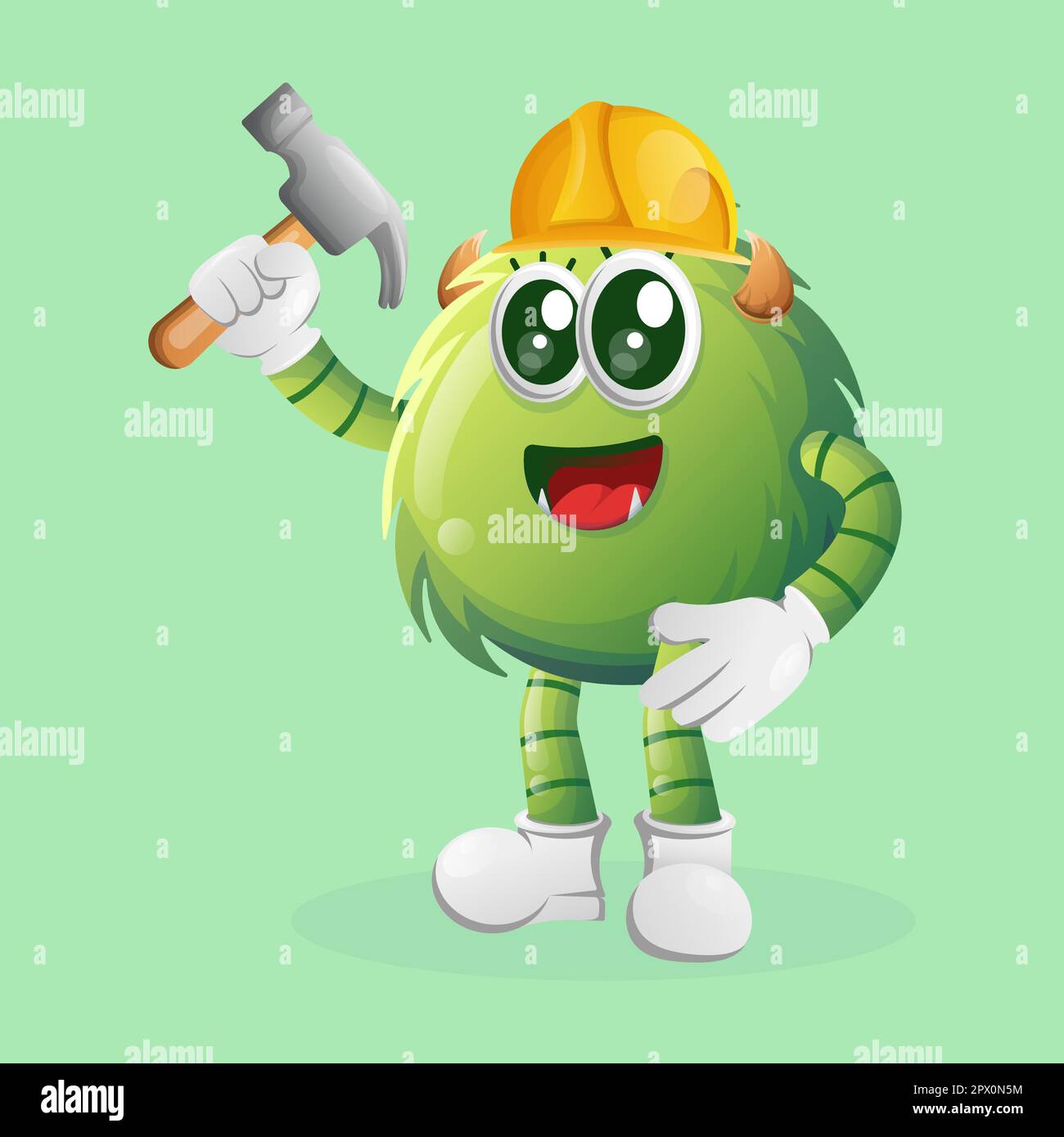 Cute green monster builder holding hammer. Perfect for kids, small business or e-Commerce, merchandise and sticker, banner promotion, blog or vlog cha Stock Vector