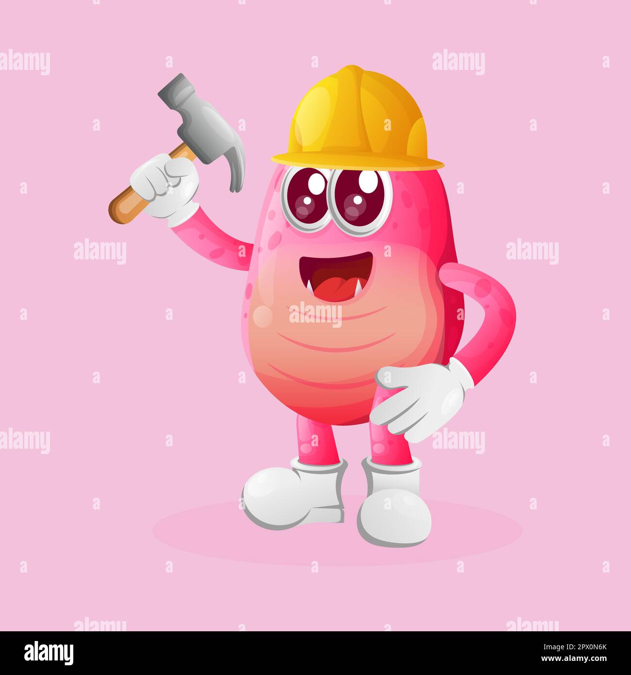 Cute pink monster builder holding hammer. Perfect for kids, small business or e-Commerce, merchandise and sticker, banner promotion, blog or vlog chan Stock Vector