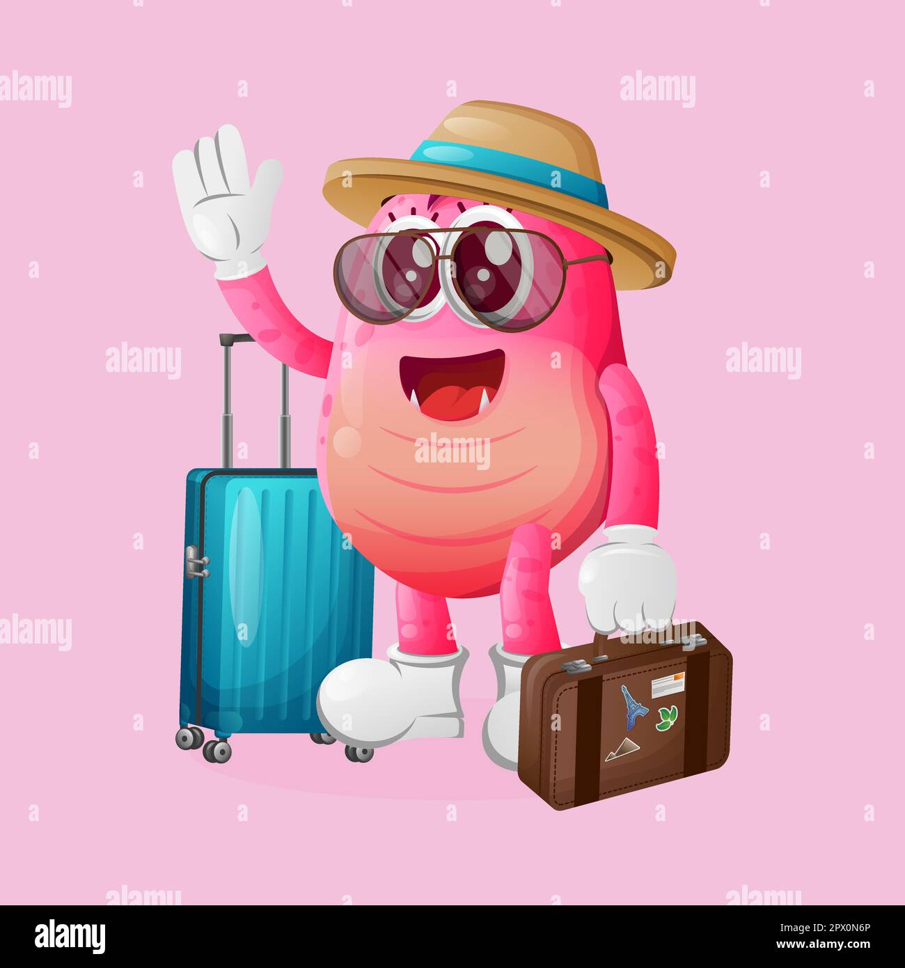 Cute pink monster on vacation carrying a suitcase. Perfect for kids, small business or e-Commerce, merchandise and sticker, banner promotion, blog or Stock Vector