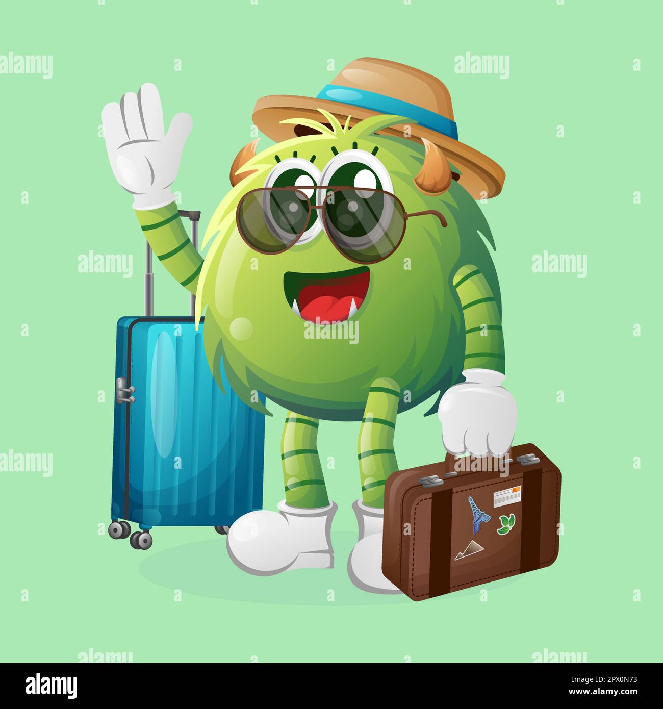 Cute green monster on vacation carrying a suitcase. Perfect for kids, small business or e-Commerce, merchandise and sticker, banner promotion, blog or Stock Vector