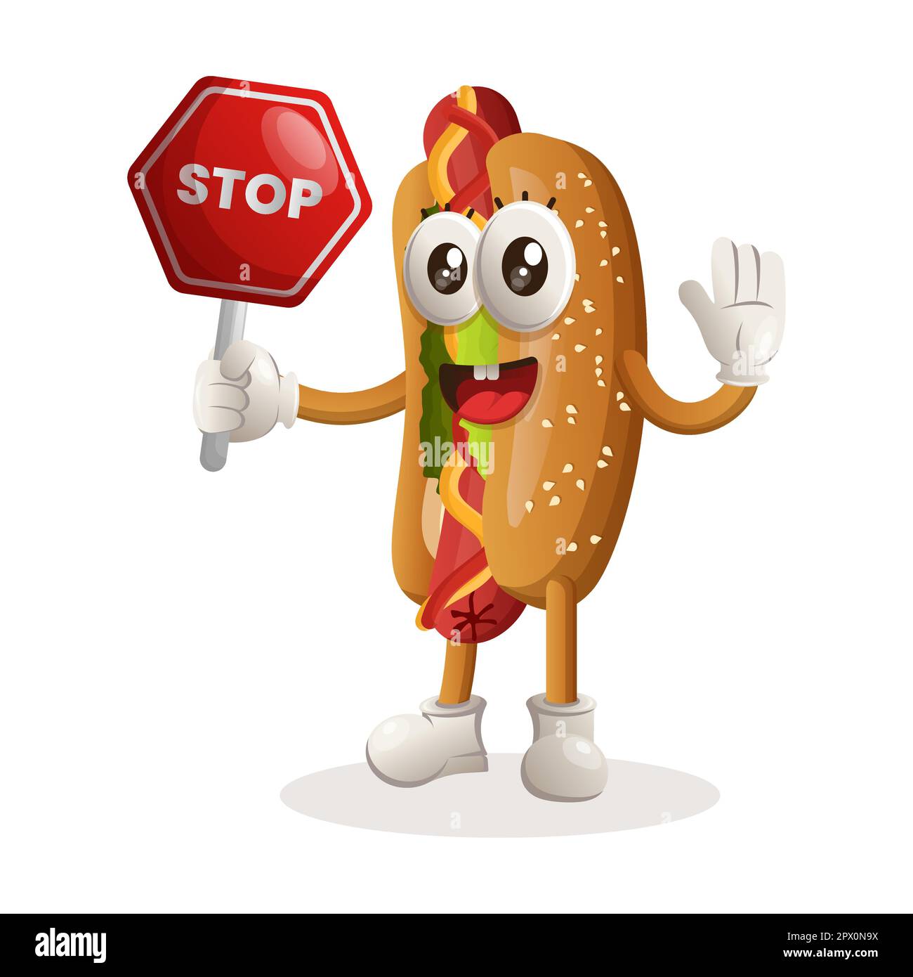 Cute hotdog mascot holding stop sign, street sign, road sign. Perfect for food store, small business or e-Commerce, merchandise and sticker, banner pr Stock Vector