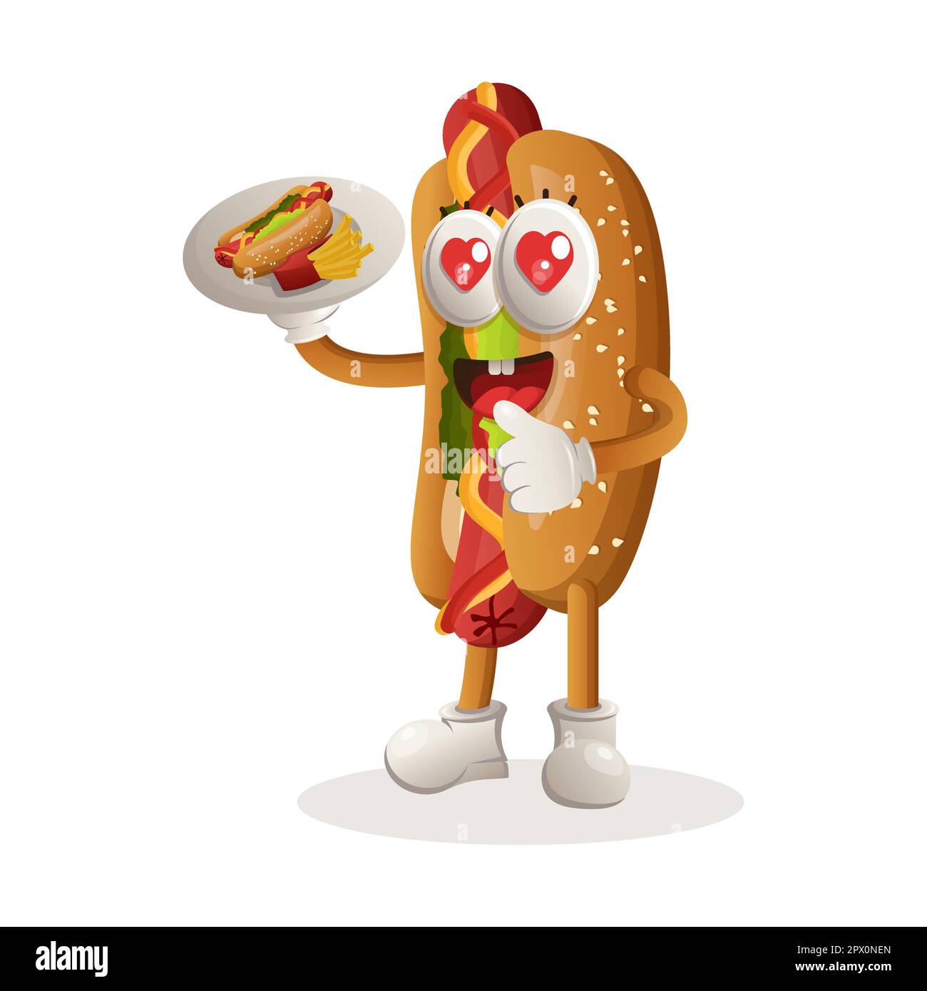 Cute hotdog mascot serving desserts, waiters. Perfect for food store, small business or e-Commerce, merchandise and sticker, banner promotion, food re Stock Vector