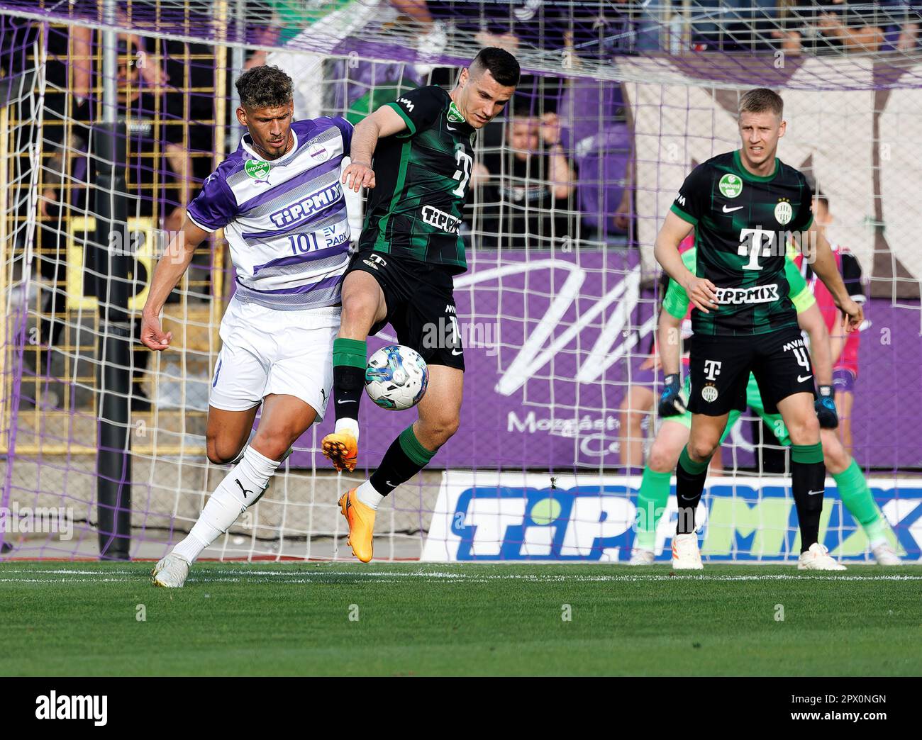 BUDAPEST, HUNGARY - MAY 12: (r-l) Leandro De Almeida 'Leo' of Ferencvarosi  TC celebrates the goal with Roland Varga of Ferencvarosi TC during the  Hungarian OTP Bank Liga match between Ferencvarosi TC