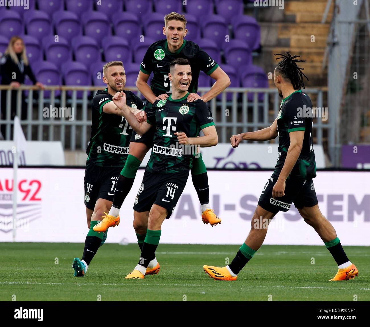 BUDAPEST, HUNGARY - AUGUST 4: (l-r) Eldar Civic of Ferencvarosi TC, Myrto  Uzuni of Ferencvarosi TC, Ihor Kharatin of Ferencvarosi TC, Aissa Laidouni  of Ferencvarosi TC, Tokmac Chol Nguen of Ferencvarosi TC