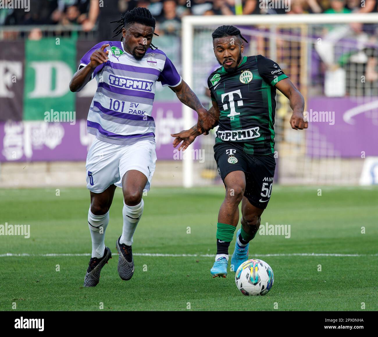 BUDAPEST, HUNGARY - MAY 12: (r-l) Leandro De Almeida 'Leo' of Ferencvarosi  TC celebrates the goal with Roland Varga of Ferencvarosi TC during the  Hungarian OTP Bank Liga match between Ferencvarosi TC