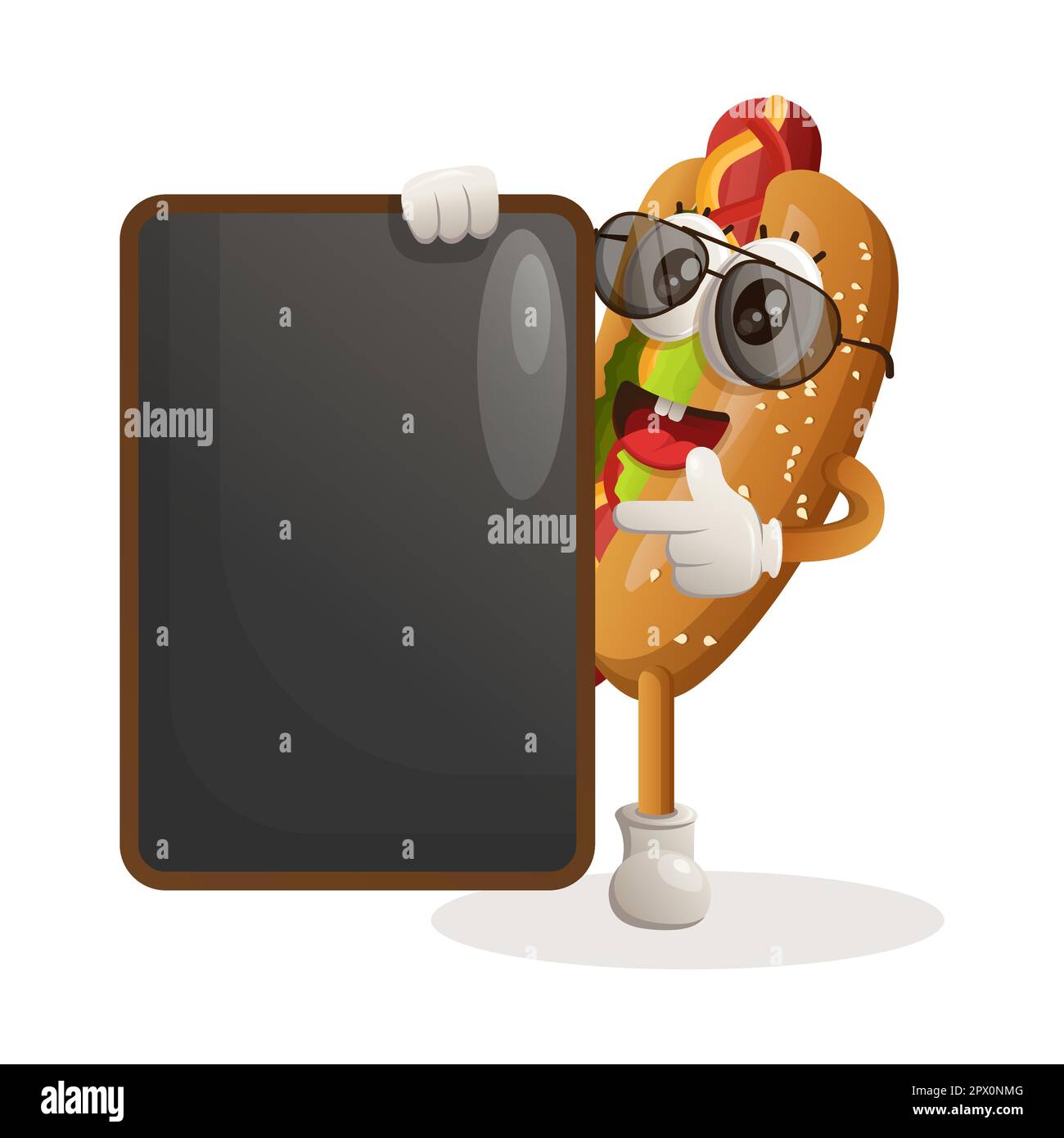 Cute hotdog mascot holding menu black Board, menu board, sign board