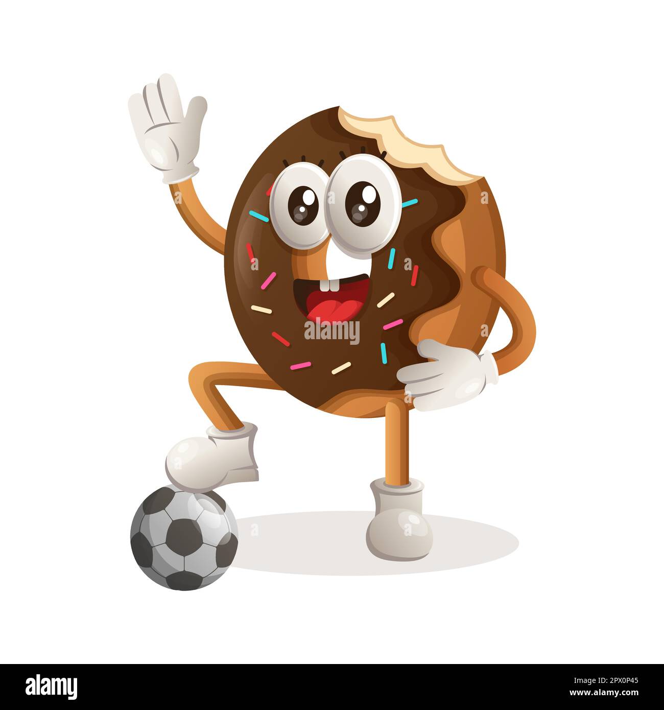 Cute donut mascot play football, soccer ball. Perfect for food store, small business or e-Commerce, merchandise and sticker, banner promotion, food re Stock Vector